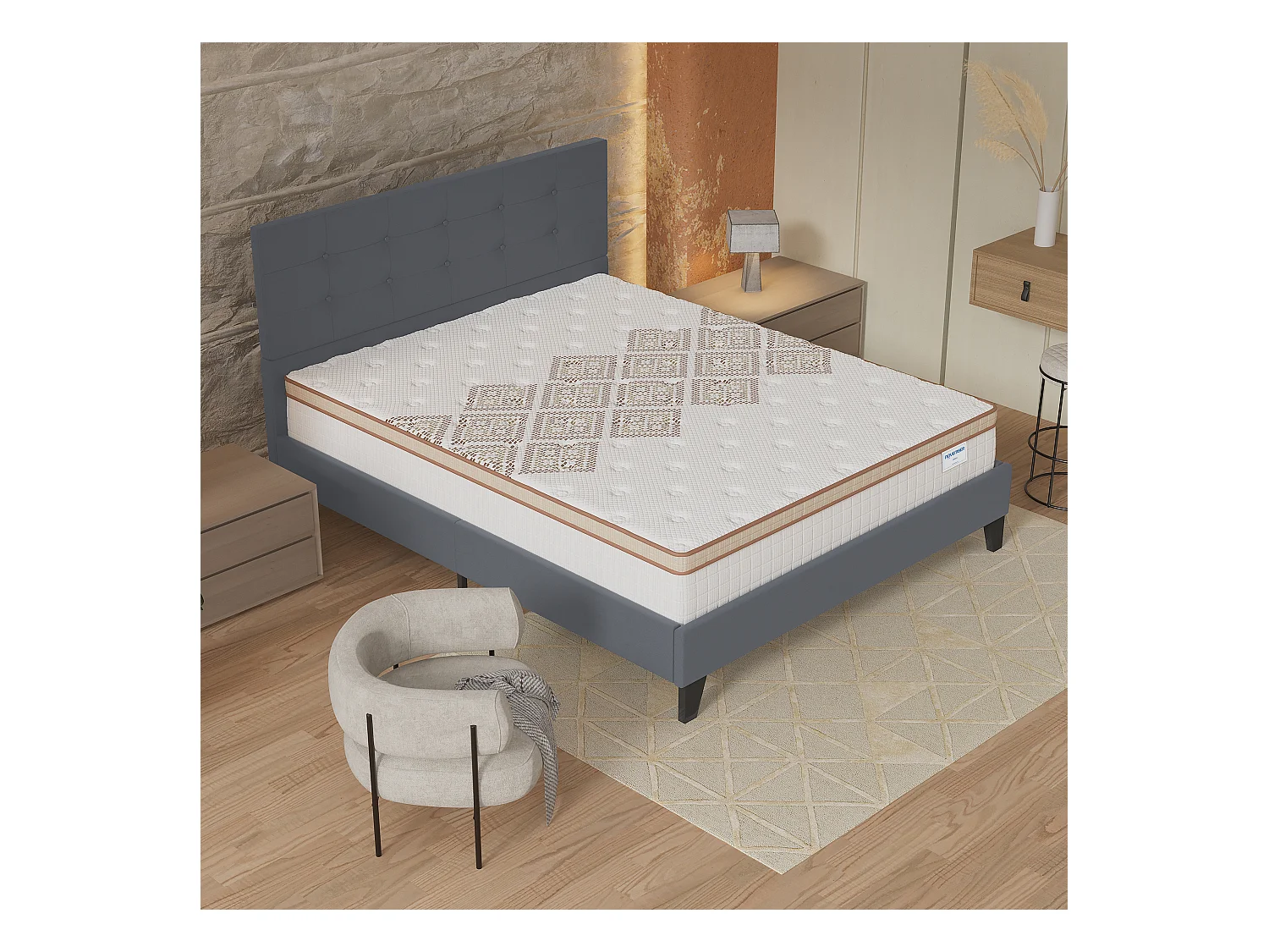 Ensemble matelas + lit 120x190 cm, matelas 28cm ressorts ensachés, accueil mousse, lit à tête de lit capitonnée similicuir gris