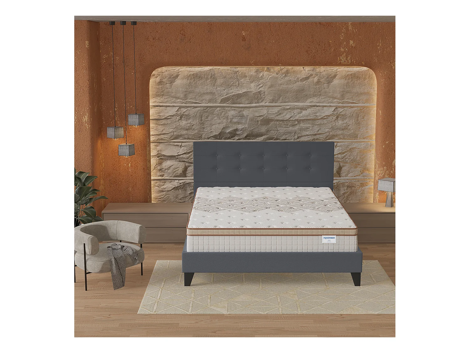 Ensemble matelas + lit 120x190 cm, matelas 28cm ressorts ensachés, accueil mousse, lit à tête de lit capitonnée similicuir gris