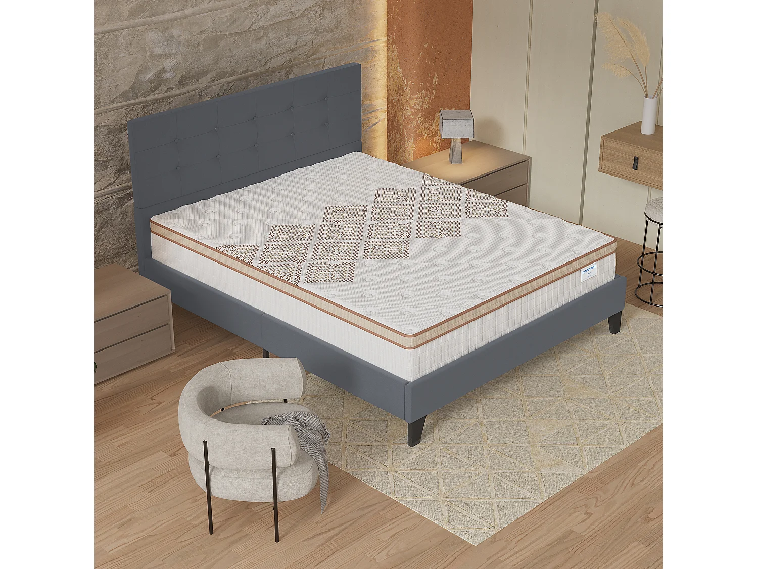 Ensemble matelas + lit 120x190 cm, matelas 28cm ressorts ensachés, accueil mousse, lit à tête de lit capitonnée similicuir gris