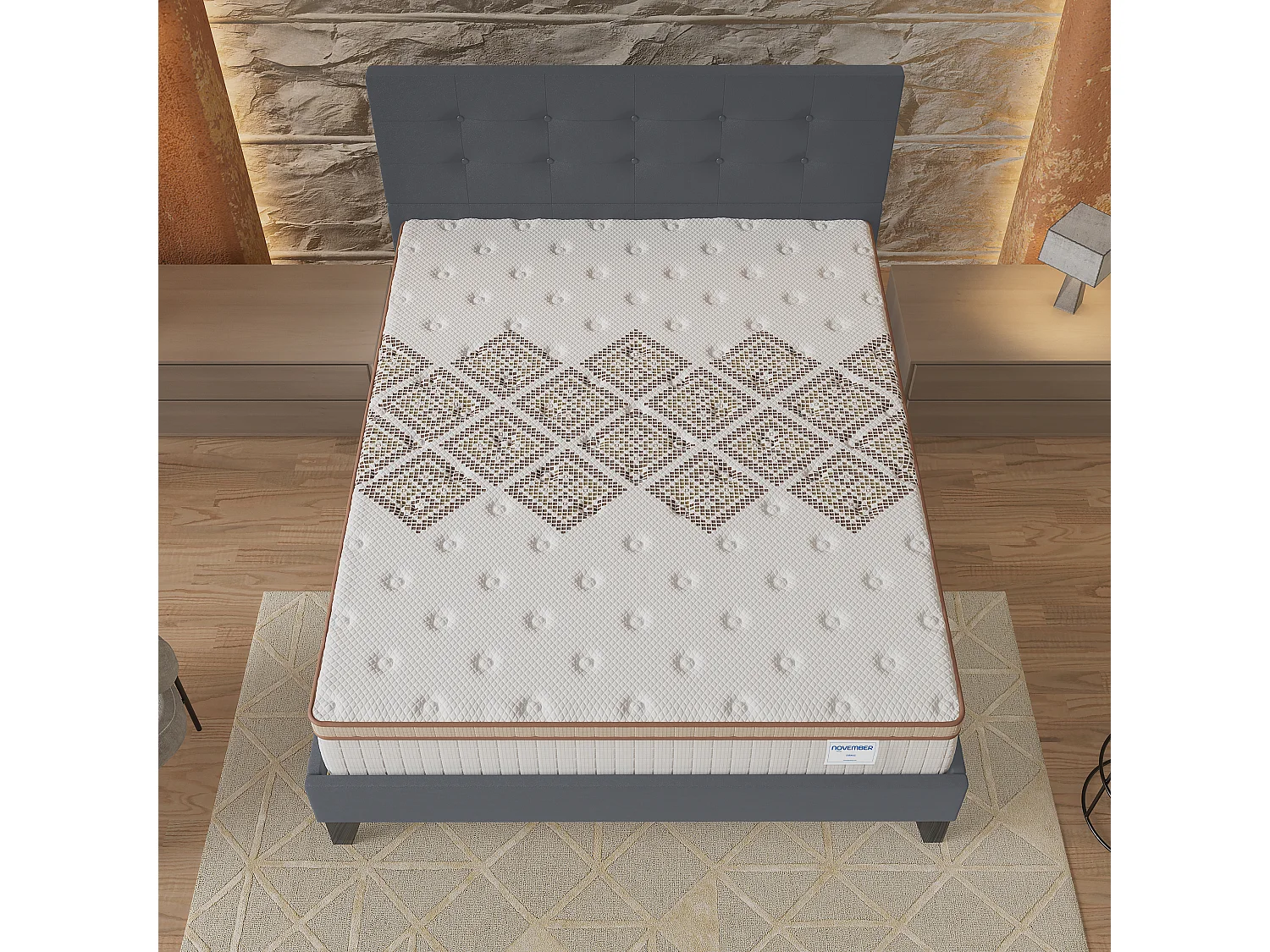 Ensemble matelas + lit 120x190 cm, matelas 28cm ressorts ensachés, accueil mousse, lit à tête de lit capitonnée similicuir gris