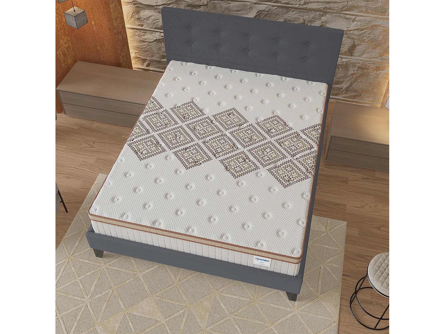 Ensemble matelas + lit 120x190 cm, matelas 28cm ressorts ensachés, accueil mousse, lit à tête de lit capitonnée similicuir gris