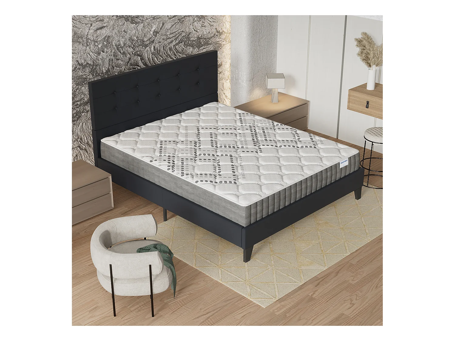 Ensemble 140x190 cm, lit avec tête de lit + matelas ressorts ensachés, ép.20cm accueil mousse HR