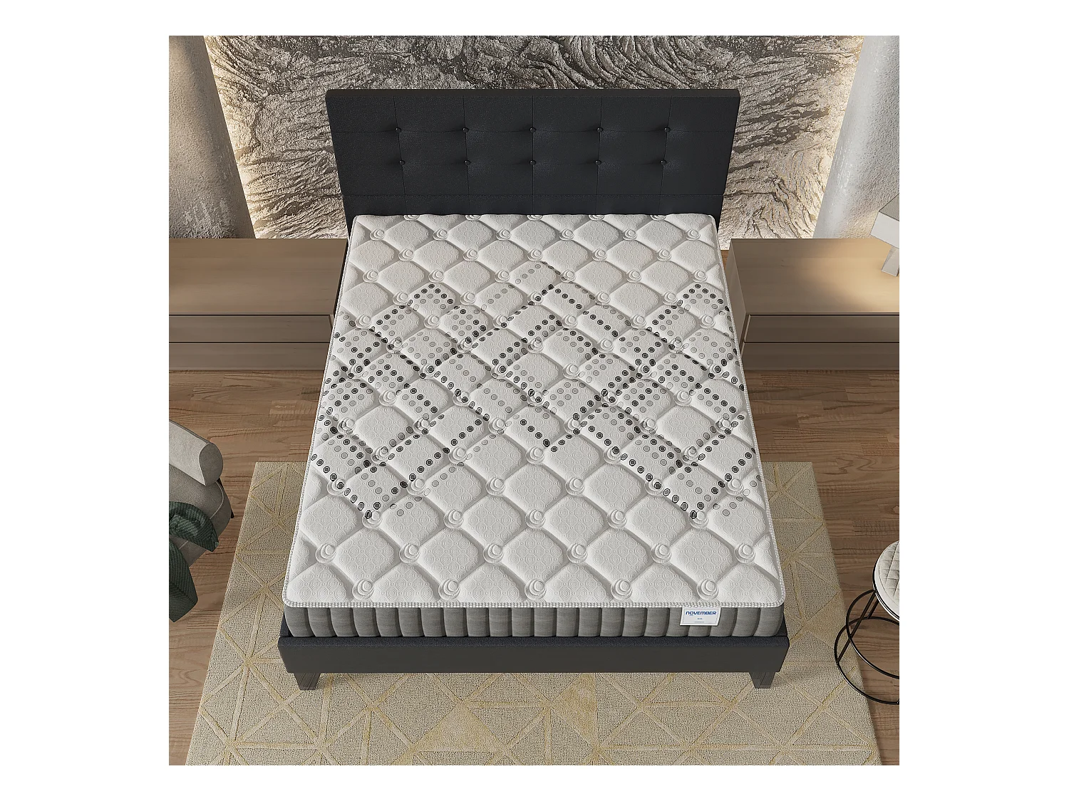 Ensemble 140x190 cm, lit avec tête de lit + matelas ressorts ensachés, ép.20cm accueil mousse HR