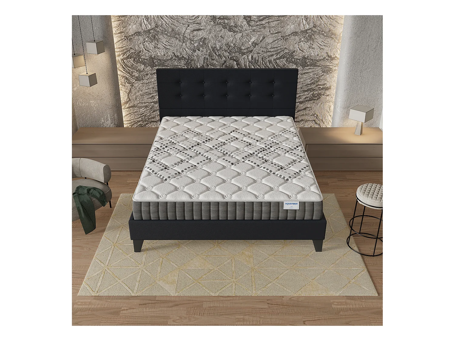 Ensemble 140x190 cm, lit avec tête de lit + matelas ressorts ensachés, ép.20cm accueil mousse HR