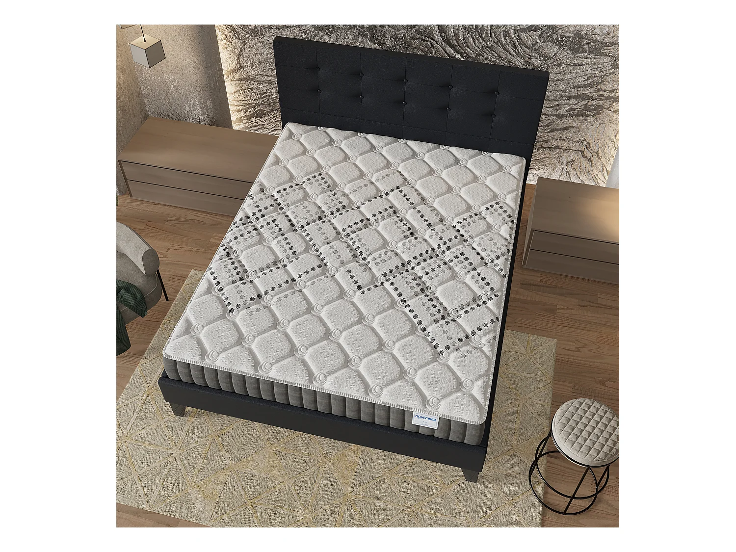 Ensemble 140x190 cm, lit avec tête de lit + matelas ressorts ensachés, ép.20cm accueil mousse HR
