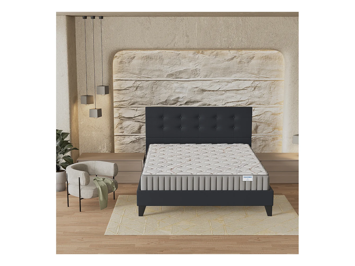 Ensemble matelas + lit 140x190 cm, matelas mousse accueil latex ép.22cm, lit à tête de lit capitonnée similicuir noir