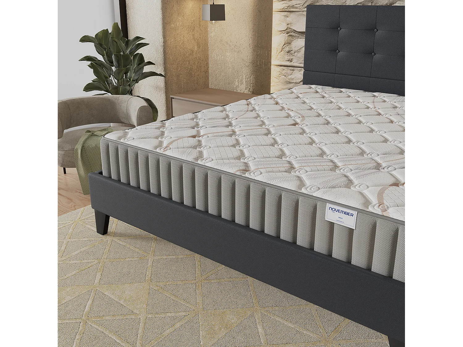 Ensemble matelas + lit 140x190 cm, matelas mousse accueil latex ép.22cm, lit à tête de lit capitonnée similicuir noir