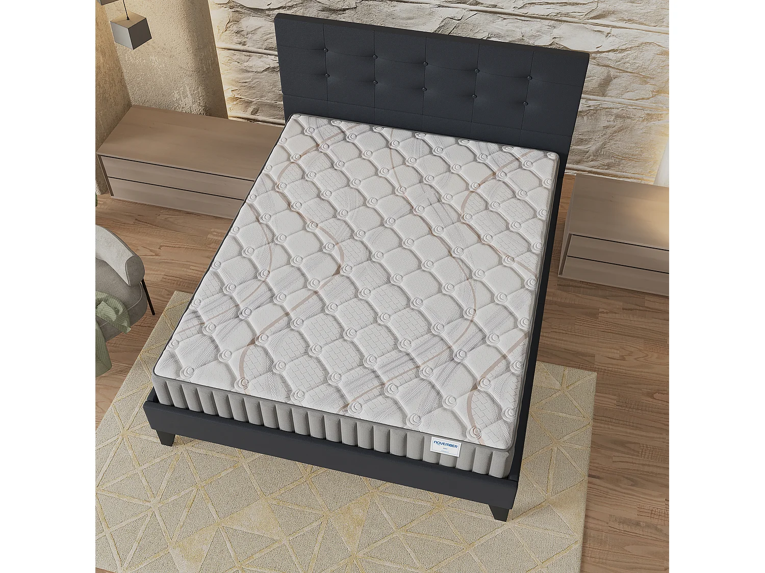 Ensemble matelas + lit 140x190 cm, matelas mousse accueil latex ép.22cm, lit à tête de lit capitonnée similicuir noir