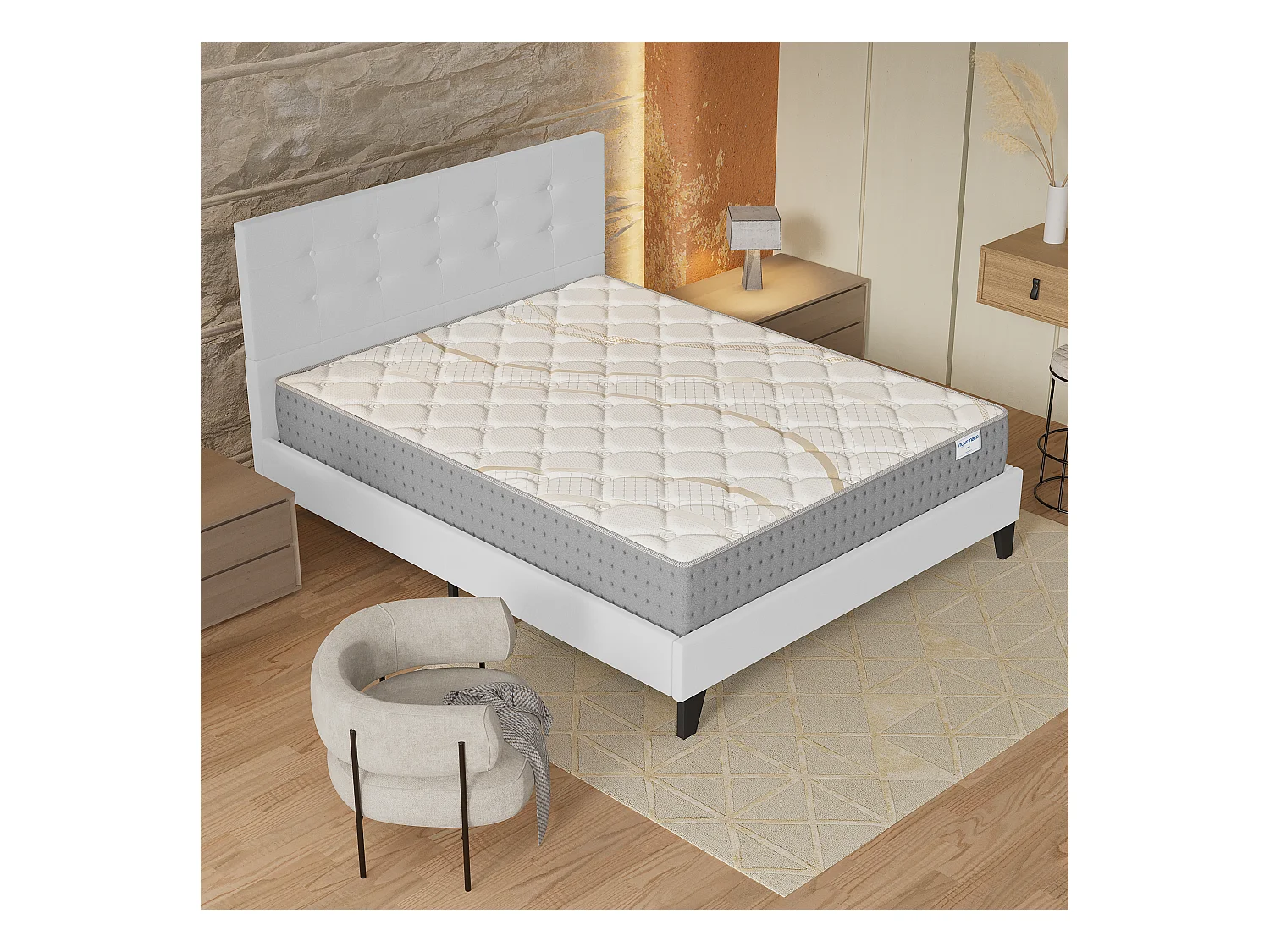 Ensemble 120x190 cm, lit avec tête de lit + matelas ressorts ensachés, ép.25cm accueil mousse HR