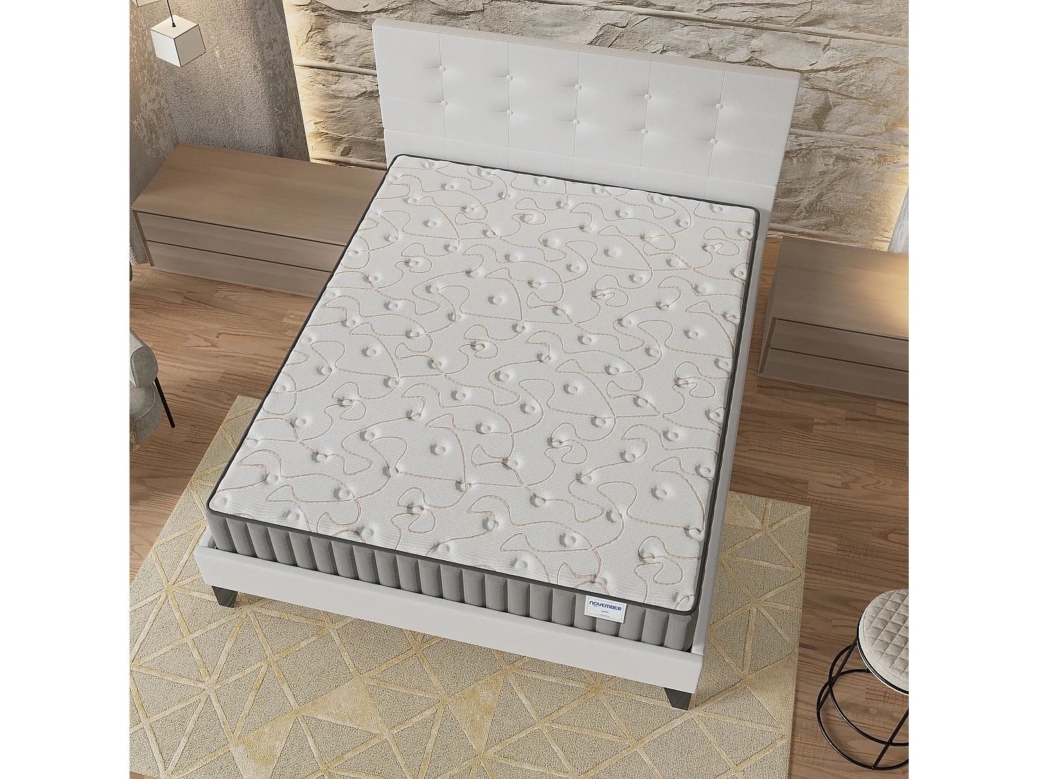 Ensemble matelas + lit 140x190 cm, matelas 16cm mousse + mémoire de forme, lit à tête de lit capitonnée similicuir blanc