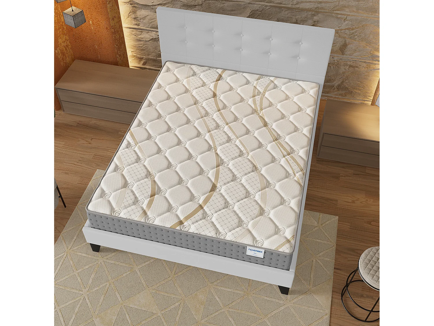 Ensemble 140x200 cm, lit avec tête de lit + matelas ressorts ensachés, ép.25cm accueil mousse HR