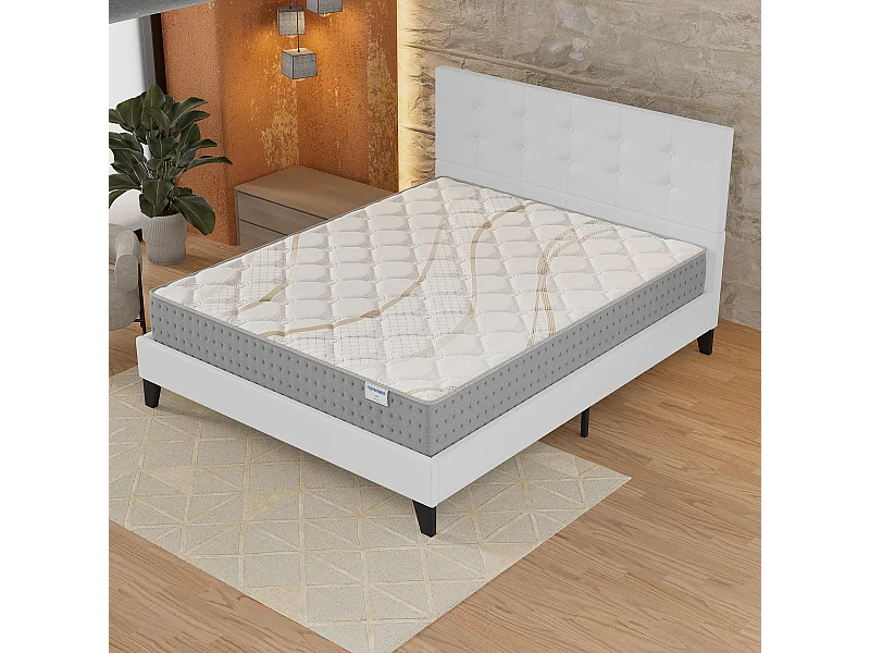 Ensemble 140x200 cm, lit avec tête de lit + matelas ressorts ensachés, ép.25cm accueil mousse HR