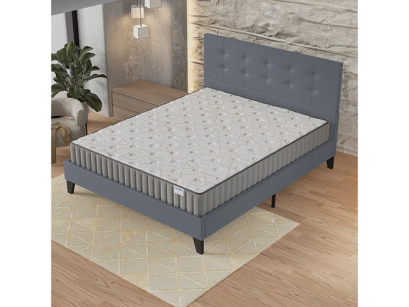 Ensemble matelas + lit 160x200 cm, matelas 22cm mousse + mémoire de forme, lit à tête de lit capitonnée similicuir gris