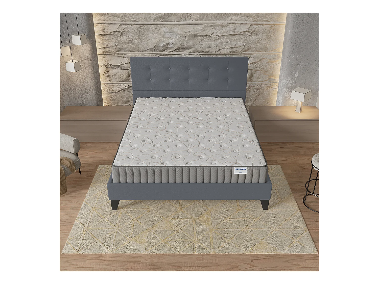 Ensemble matelas + lit 160x200 cm, matelas 22cm mousse + mémoire de forme, lit à tête de lit capitonnée similicuir gris
