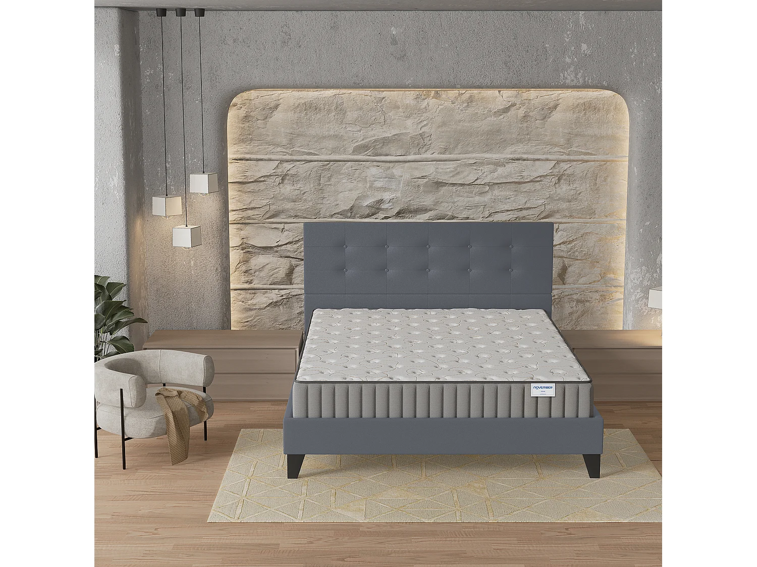Ensemble matelas + lit 160x200 cm, matelas 22cm mousse + mémoire de forme, lit à tête de lit capitonnée similicuir gris