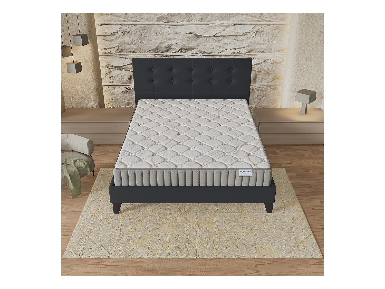 Ensemble matelas + lit 120x190 cm, matelas mousse accueil latex ép.16cm, lit à tête de lit capitonnée similicuir noir