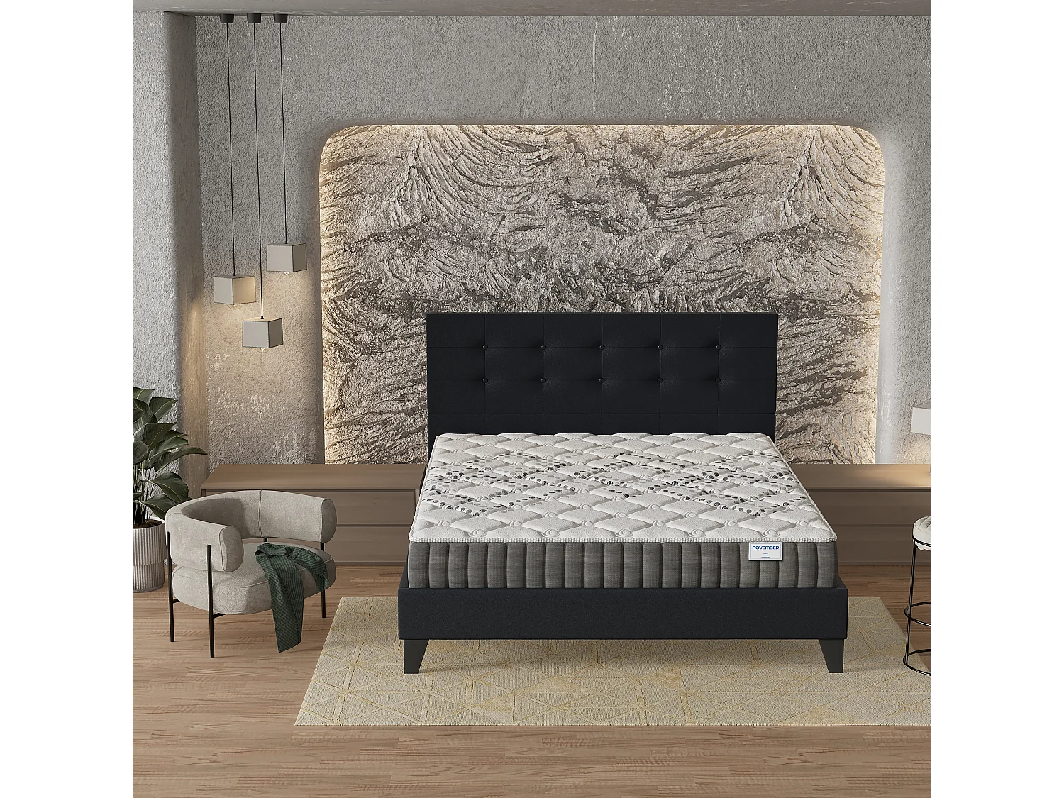 Ensemble 140x200 cm, lit avec tête de lit + matelas ressorts ensachés, ép.20cm accueil mousse HR