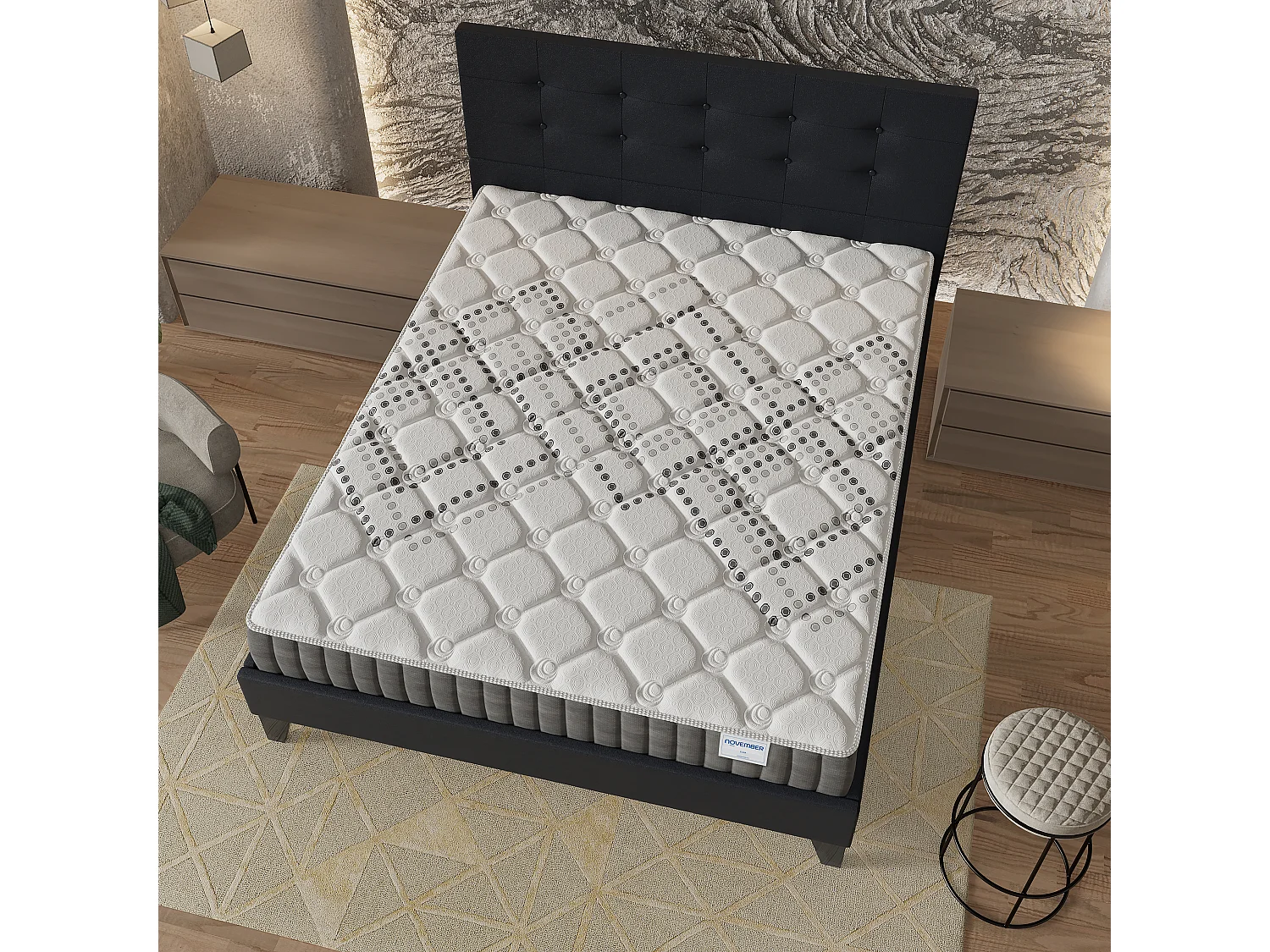 Ensemble 140x200 cm, lit avec tête de lit + matelas ressorts ensachés, ép.20cm accueil mousse HR