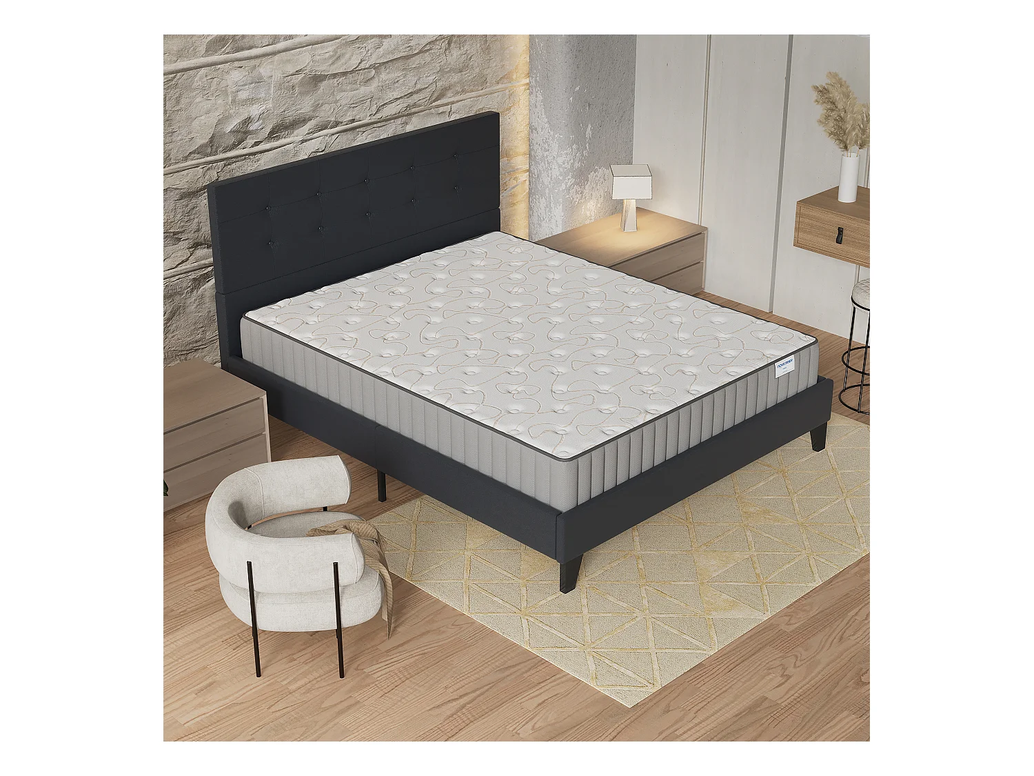 Ensemble Matelas + lit 140x200 cm, Matelas 16cm mousse + mémoire de forme, lit à tête de lit capitonnée similicuir noir