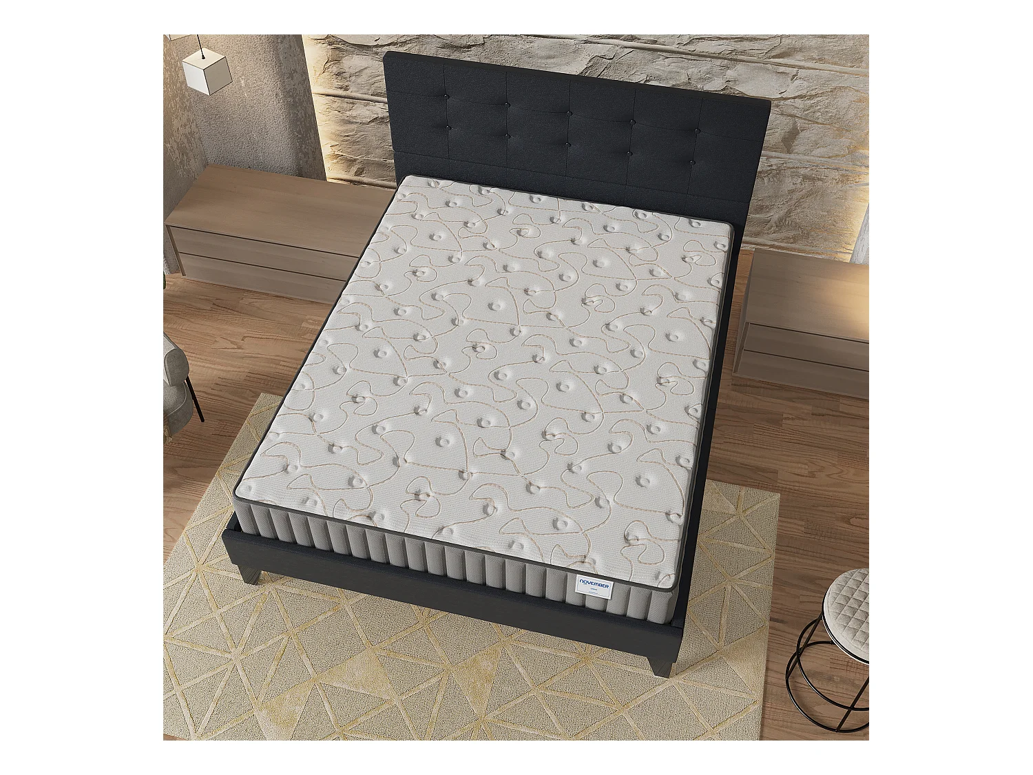 Ensemble Matelas + lit 140x200 cm, Matelas 16cm mousse + mémoire de forme, lit à tête de lit capitonnée similicuir noir