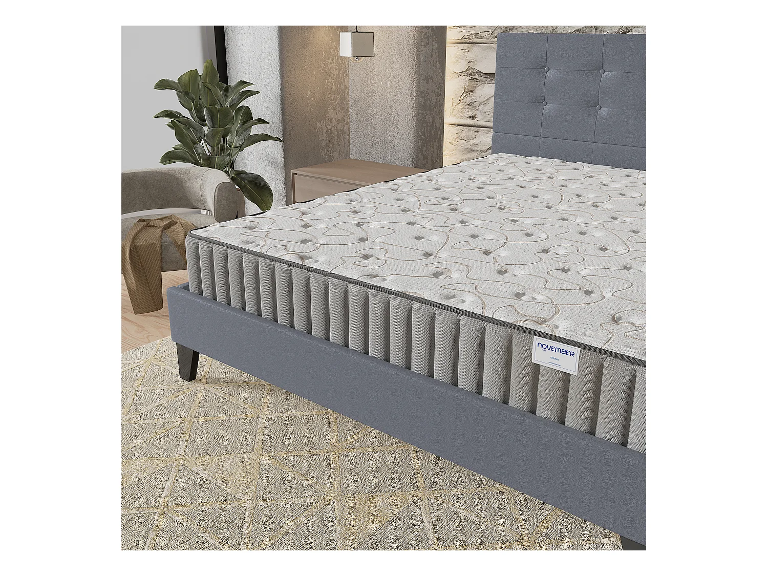 Ensemble matelas + lit 140x200 cm, matelas 16cm mousse + mémoire de forme, lit à tête de lit capitonnée similicuir gris