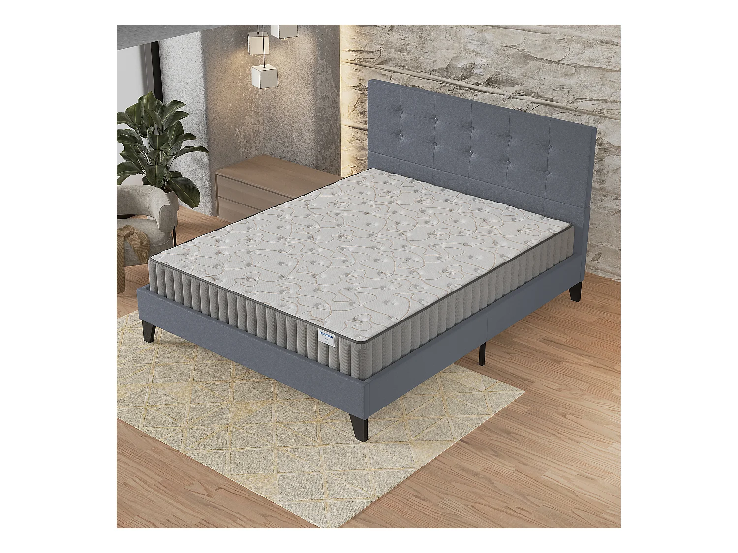 Ensemble matelas + lit 140x200 cm, matelas 16cm mousse + mémoire de forme, lit à tête de lit capitonnée similicuir gris