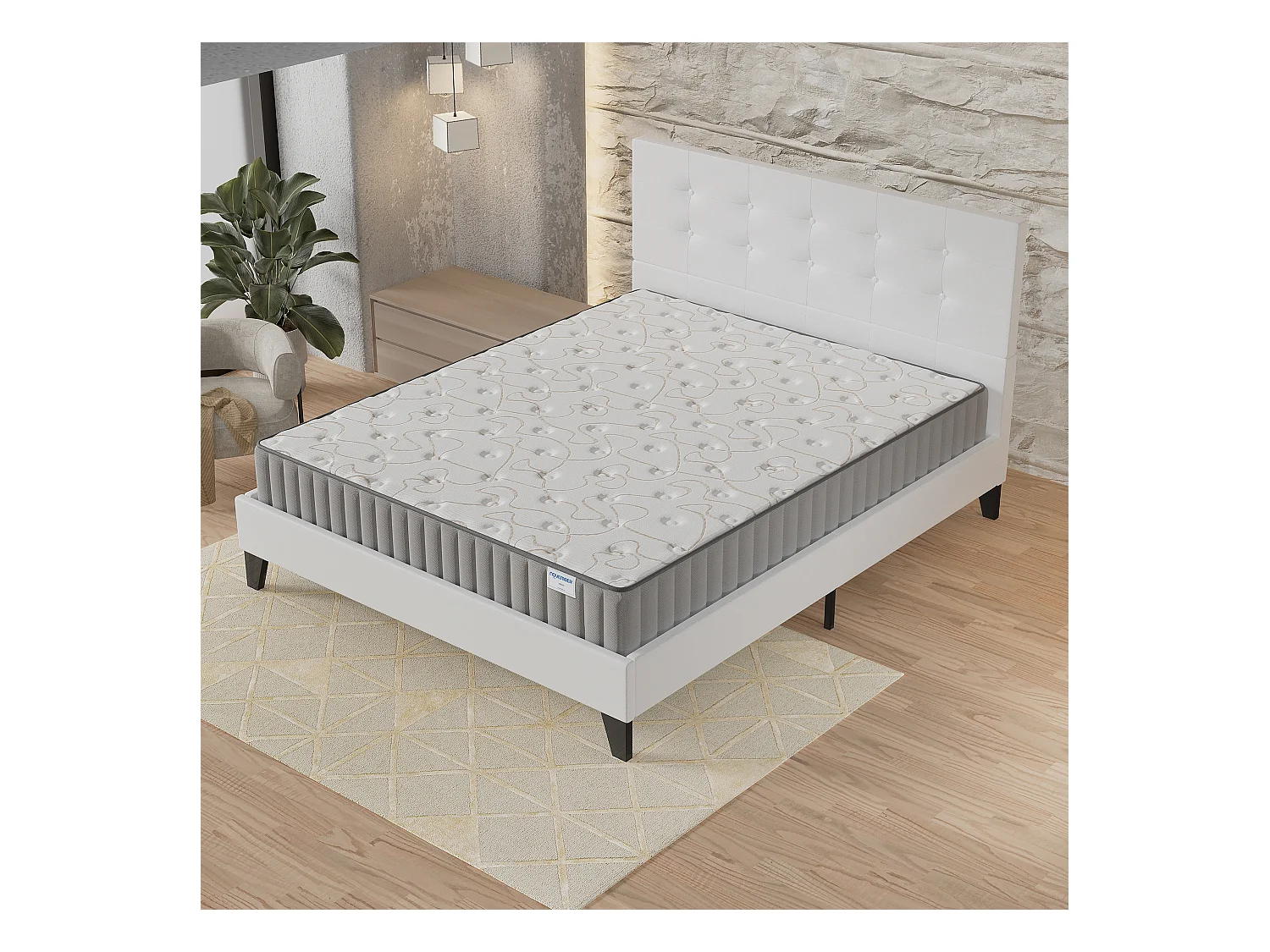 Ensemble matelas + lit 140x200 cm, matelas 16cm mousse + mémoire de forme, lit à tête de lit capitonnée similicuir blanc