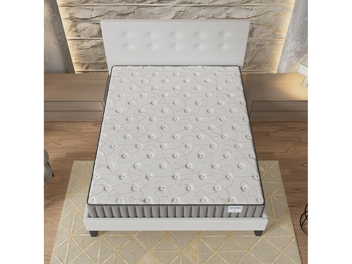 Ensemble matelas + lit 140x200 cm, matelas 16cm mousse + mémoire de forme, lit à tête de lit capitonnée similicuir blanc