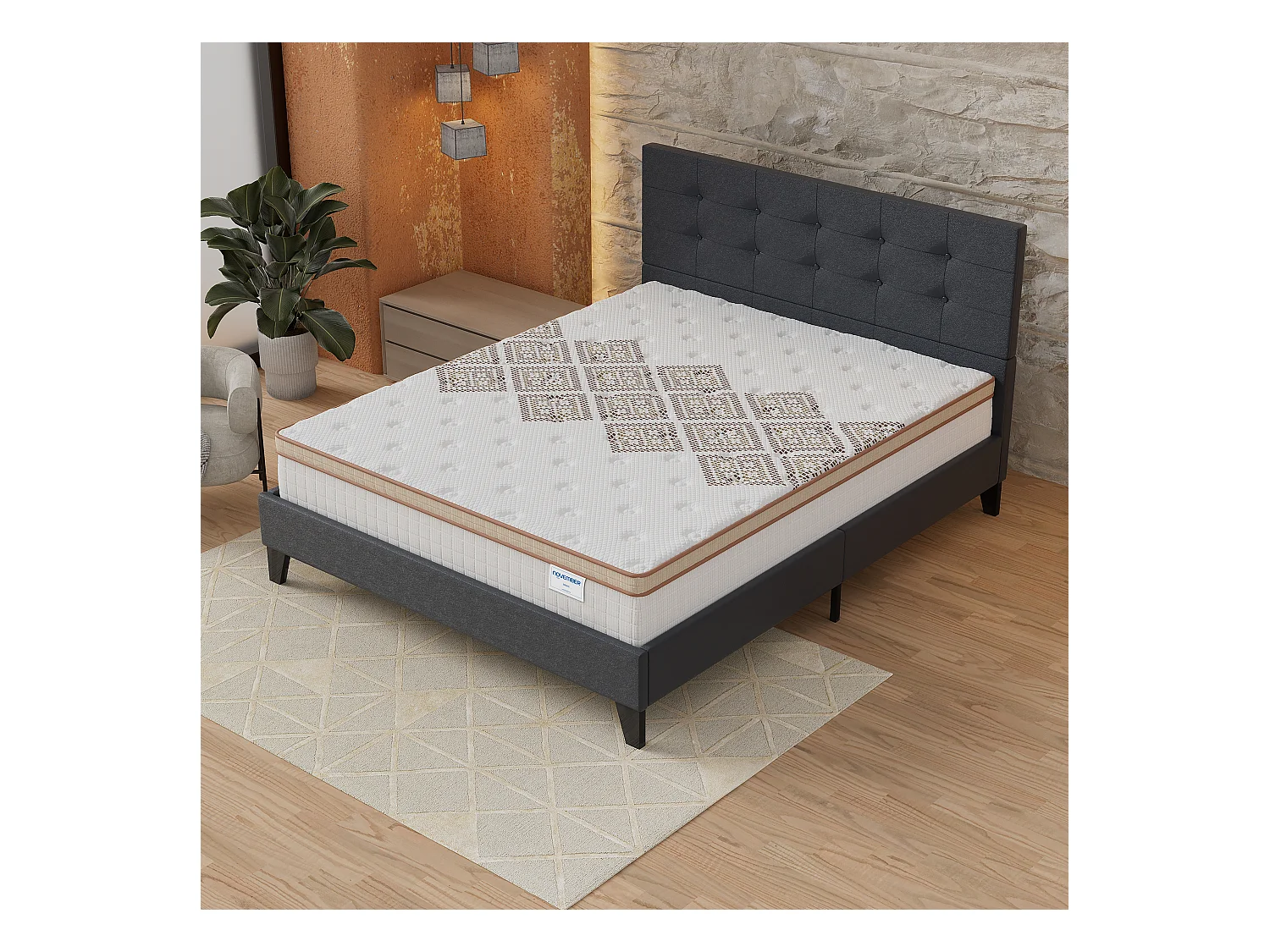 Ensemble Matelas + lit 120x190 cm, Matelas 28cm ressorts ensachés, accueil mousse, lit à tête de lit capitonnée similicuir noir