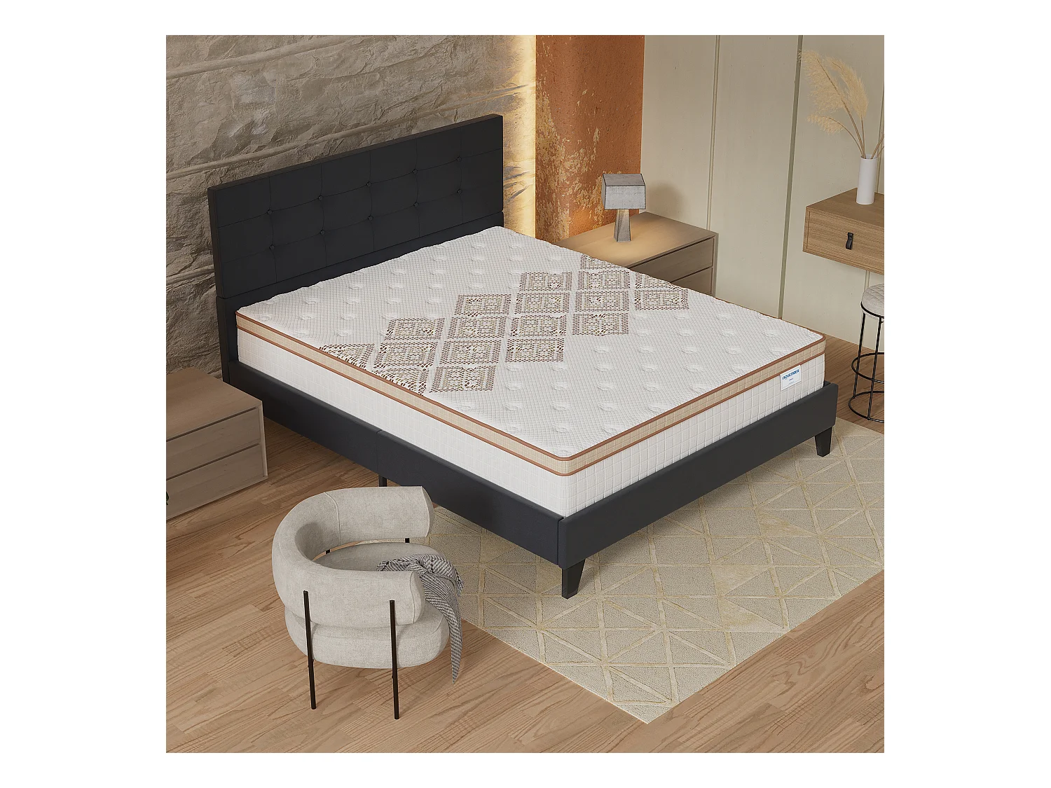 Ensemble Matelas + lit 120x190 cm, Matelas 28cm ressorts ensachés, accueil mousse, lit à tête de lit capitonnée similicuir noir