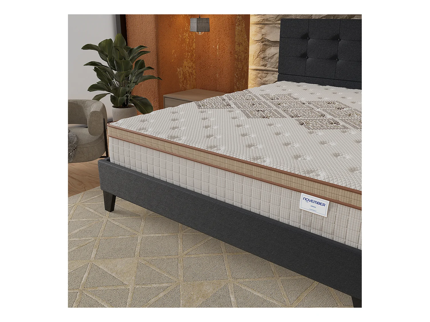 Ensemble Matelas + lit 120x190 cm, Matelas 28cm ressorts ensachés, accueil mousse, lit à tête de lit capitonnée similicuir noir