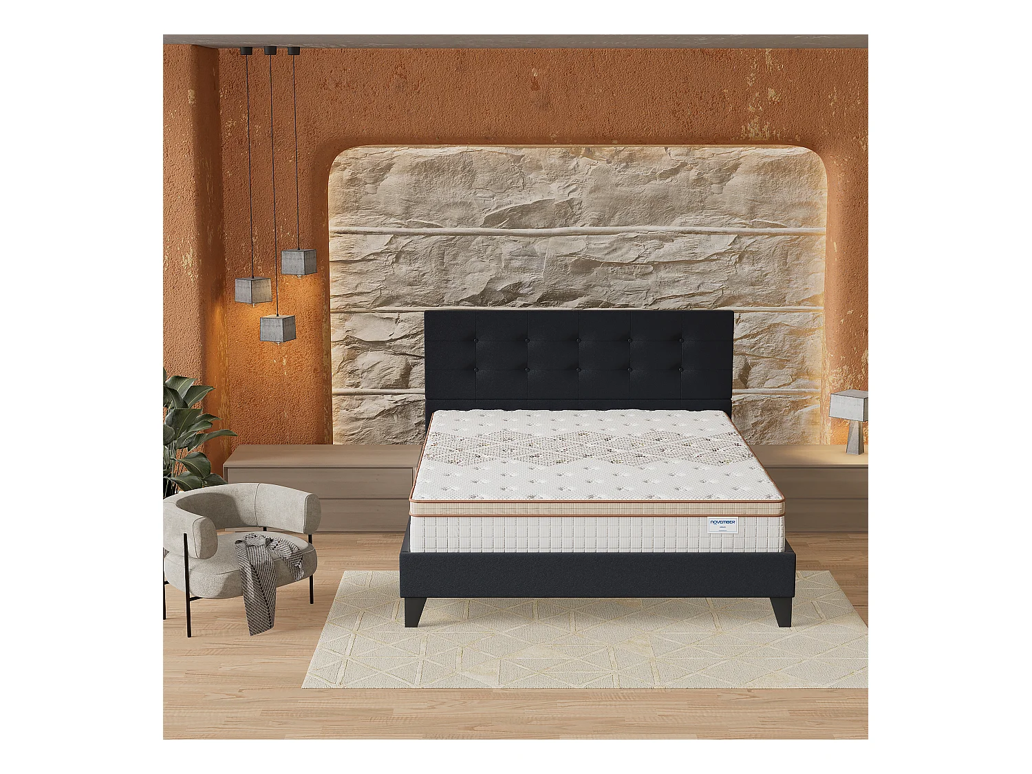 Ensemble Matelas + lit 120x190 cm, Matelas 28cm ressorts ensachés, accueil mousse, lit à tête de lit capitonnée similicuir noir