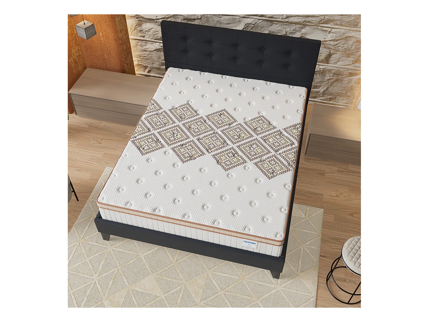 Ensemble Matelas + lit 120x190 cm, Matelas 28cm ressorts ensachés, accueil mousse, lit à tête de lit capitonnée similicuir noir