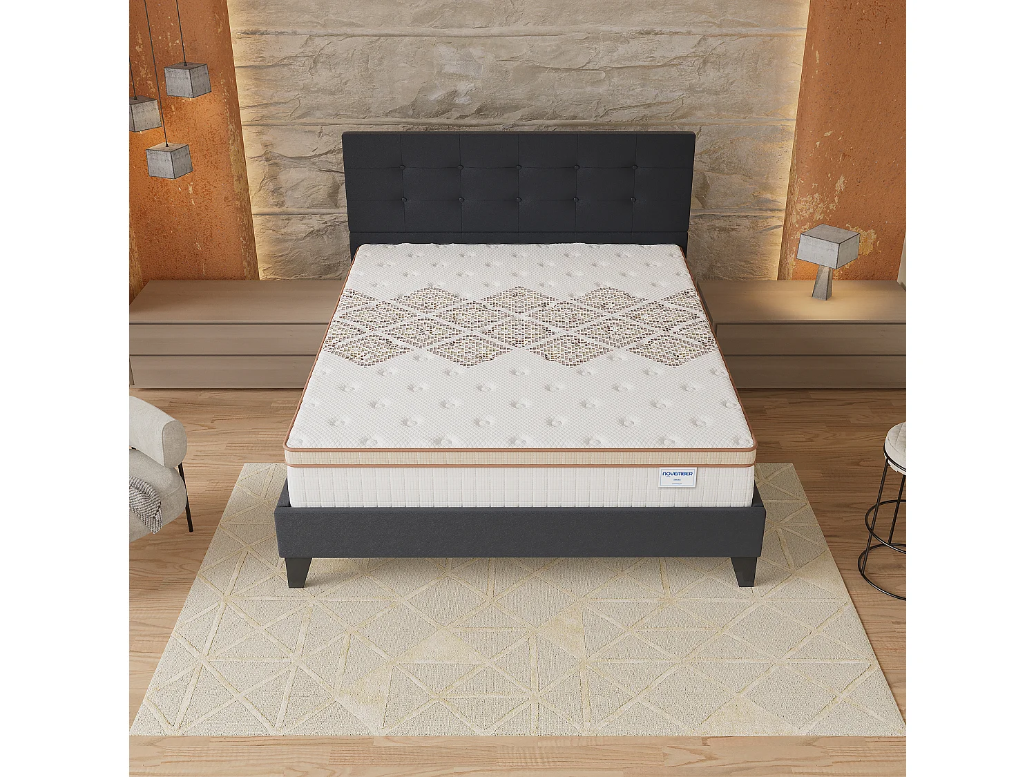 Ensemble Matelas + lit 120x190 cm, Matelas 28cm ressorts ensachés, accueil mousse, lit à tête de lit capitonnée similicuir noir