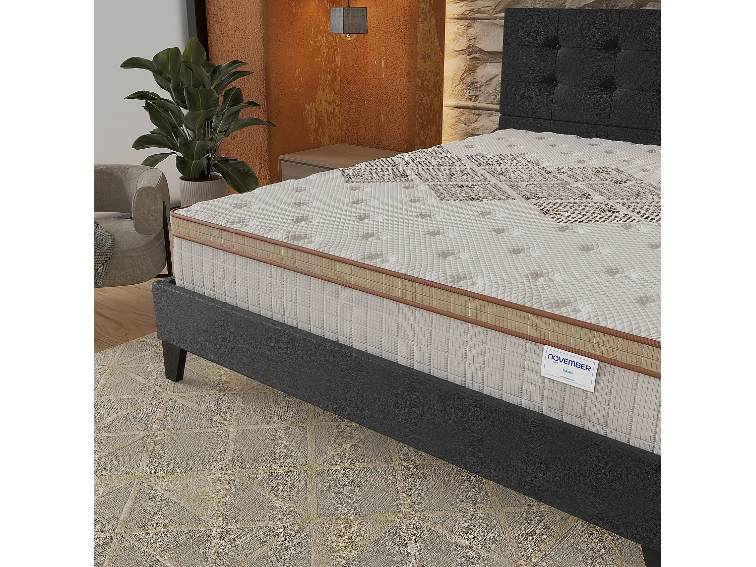 Ensemble Matelas + lit 120x190 cm, Matelas 28cm ressorts ensachés, accueil mousse, lit à tête de lit capitonnée similicuir noir