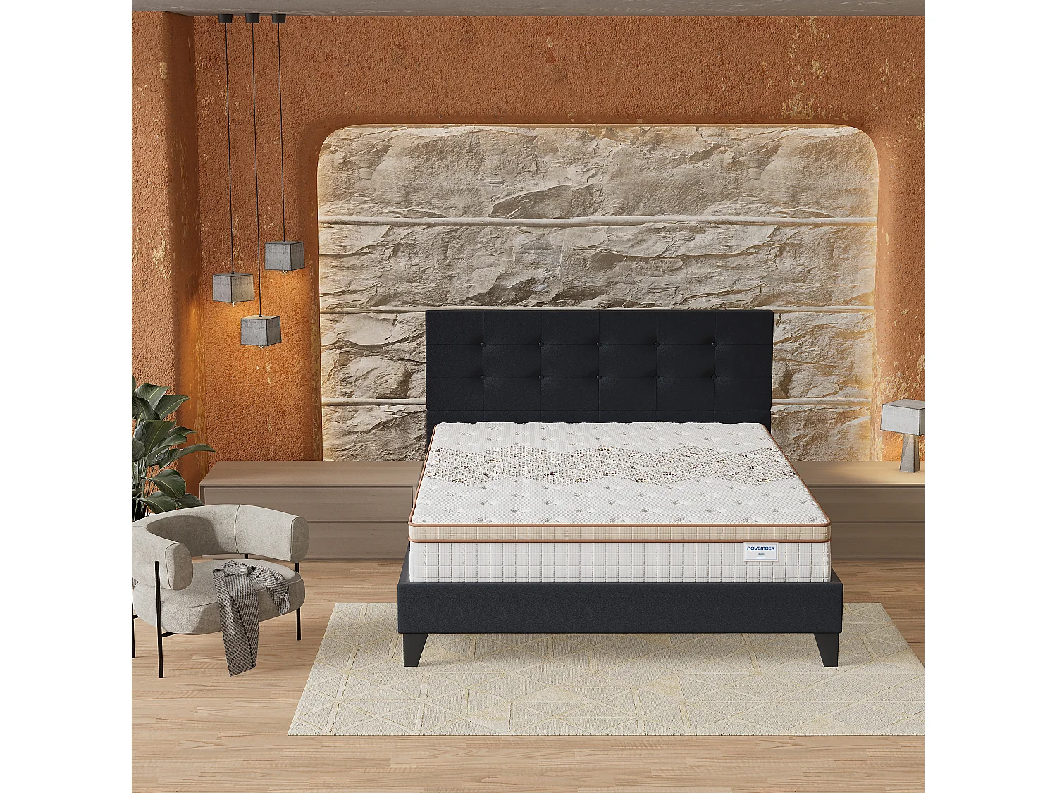 Ensemble Matelas + lit 120x190 cm, Matelas 28cm ressorts ensachés, accueil mousse, lit à tête de lit capitonnée similicuir noir