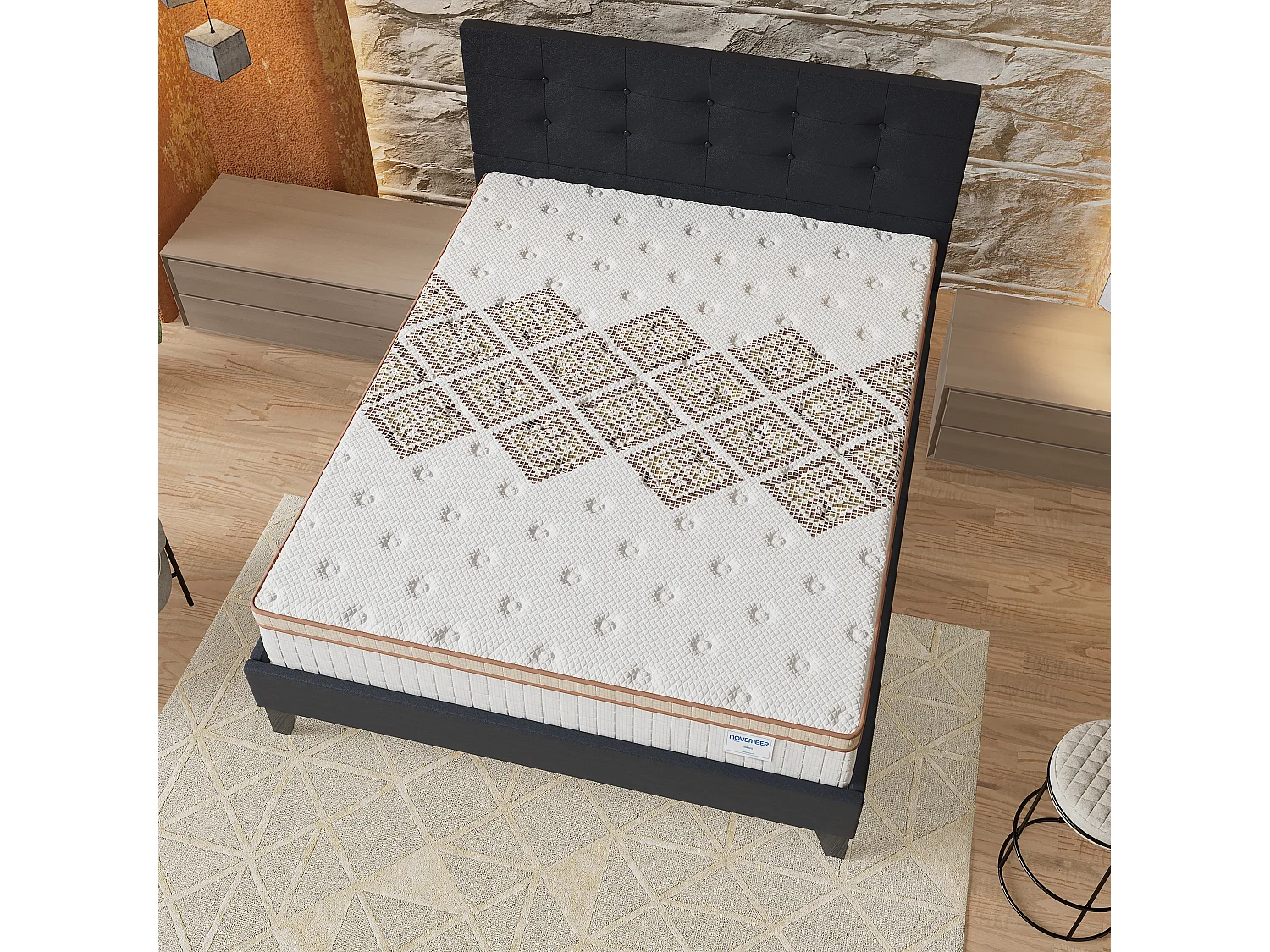 Ensemble Matelas + lit 120x190 cm, Matelas 28cm ressorts ensachés, accueil mousse, lit à tête de lit capitonnée similicuir noir