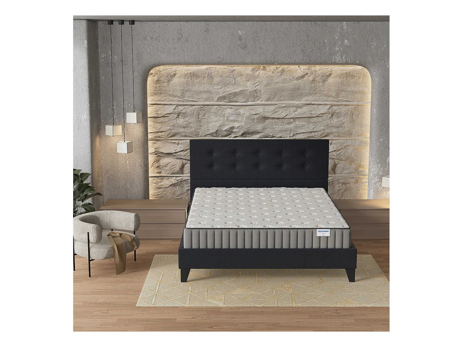 Ensemble Matelas + lit 140x190 cm, Matelas 16cm mousse + mémoire de forme, lit à tête de lit capitonnée similicuir noir