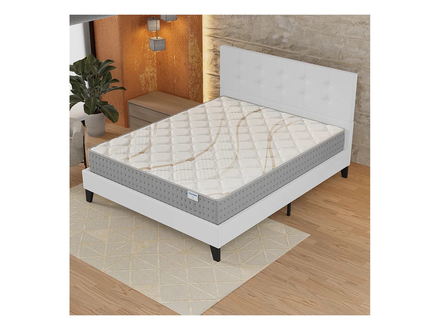 Ensemble 140x190 cm, lit avec tête de lit + matelas ressorts ensachés, ép.25cm accueil mousse HR