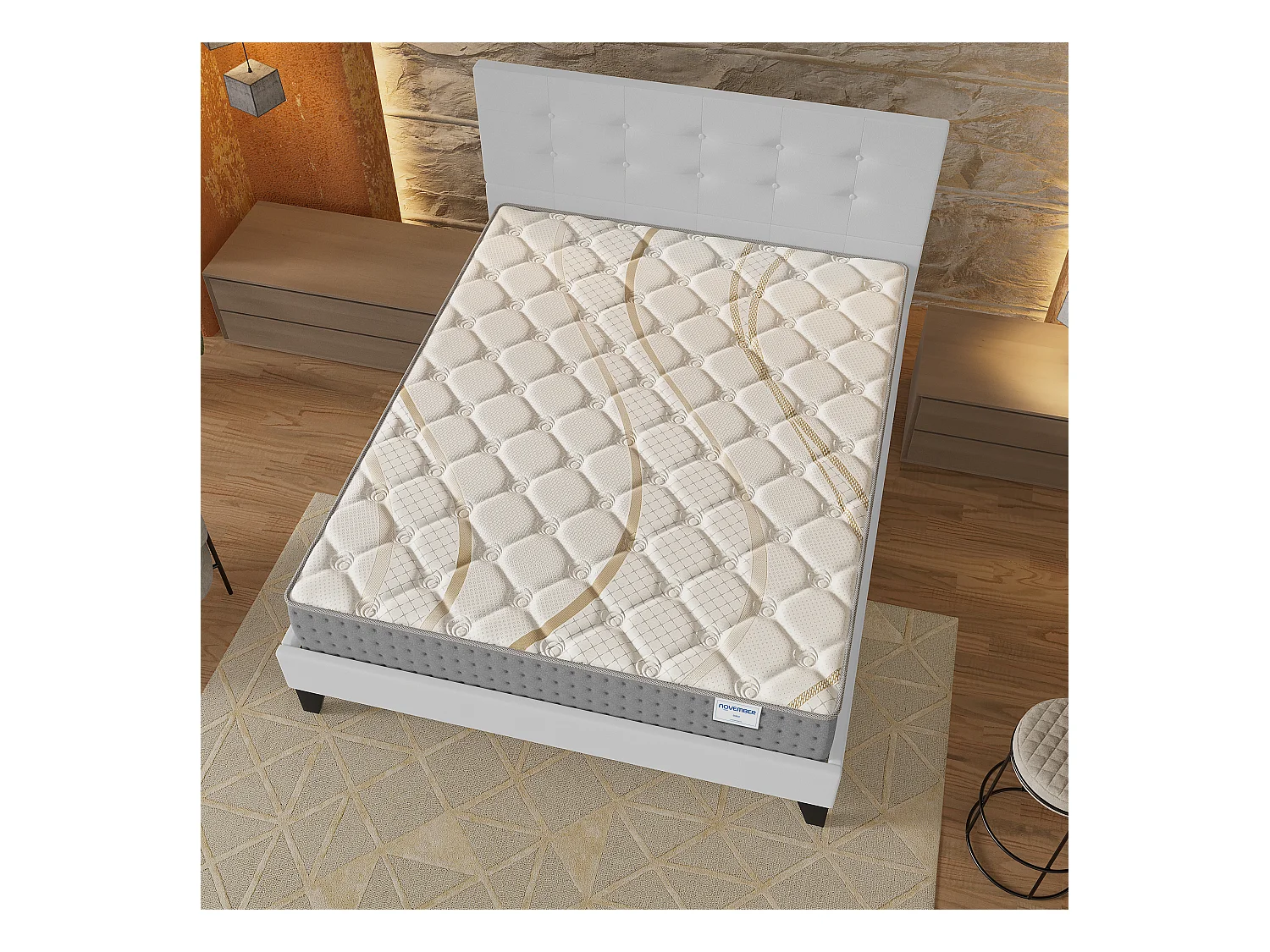 Ensemble 140x190 cm, lit avec tête de lit + matelas ressorts ensachés, ép.25cm accueil mousse HR