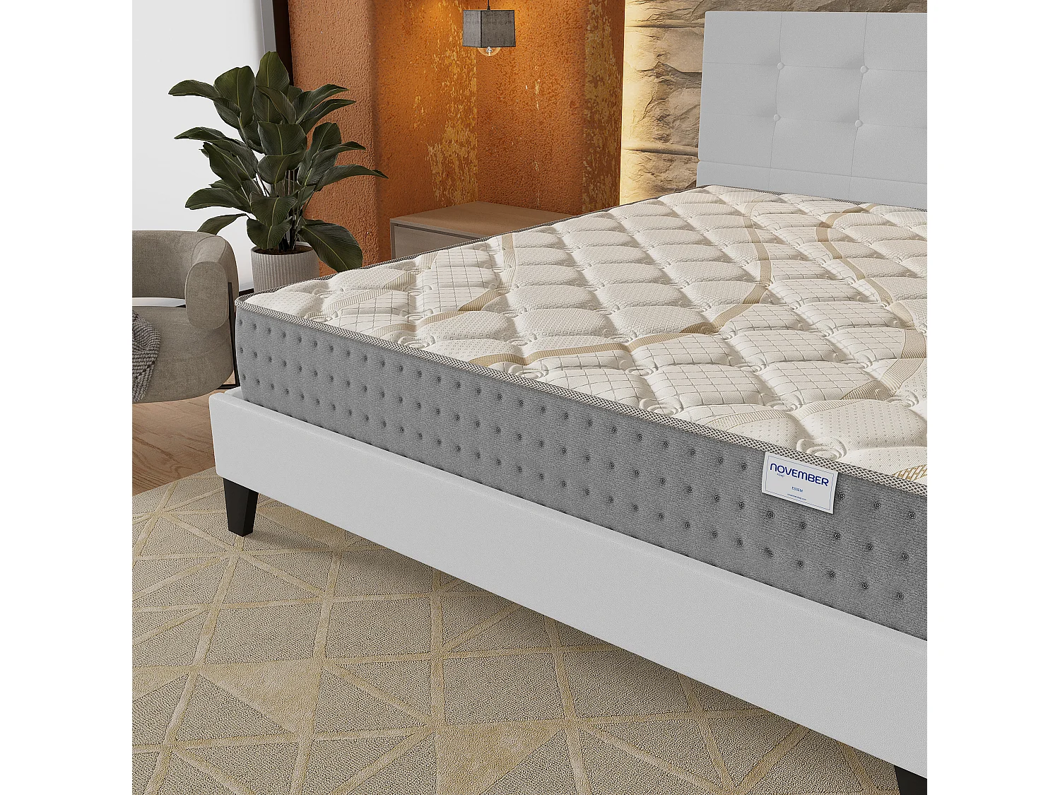 Ensemble 140x190 cm, lit avec tête de lit + matelas ressorts ensachés, ép.25cm accueil mousse HR