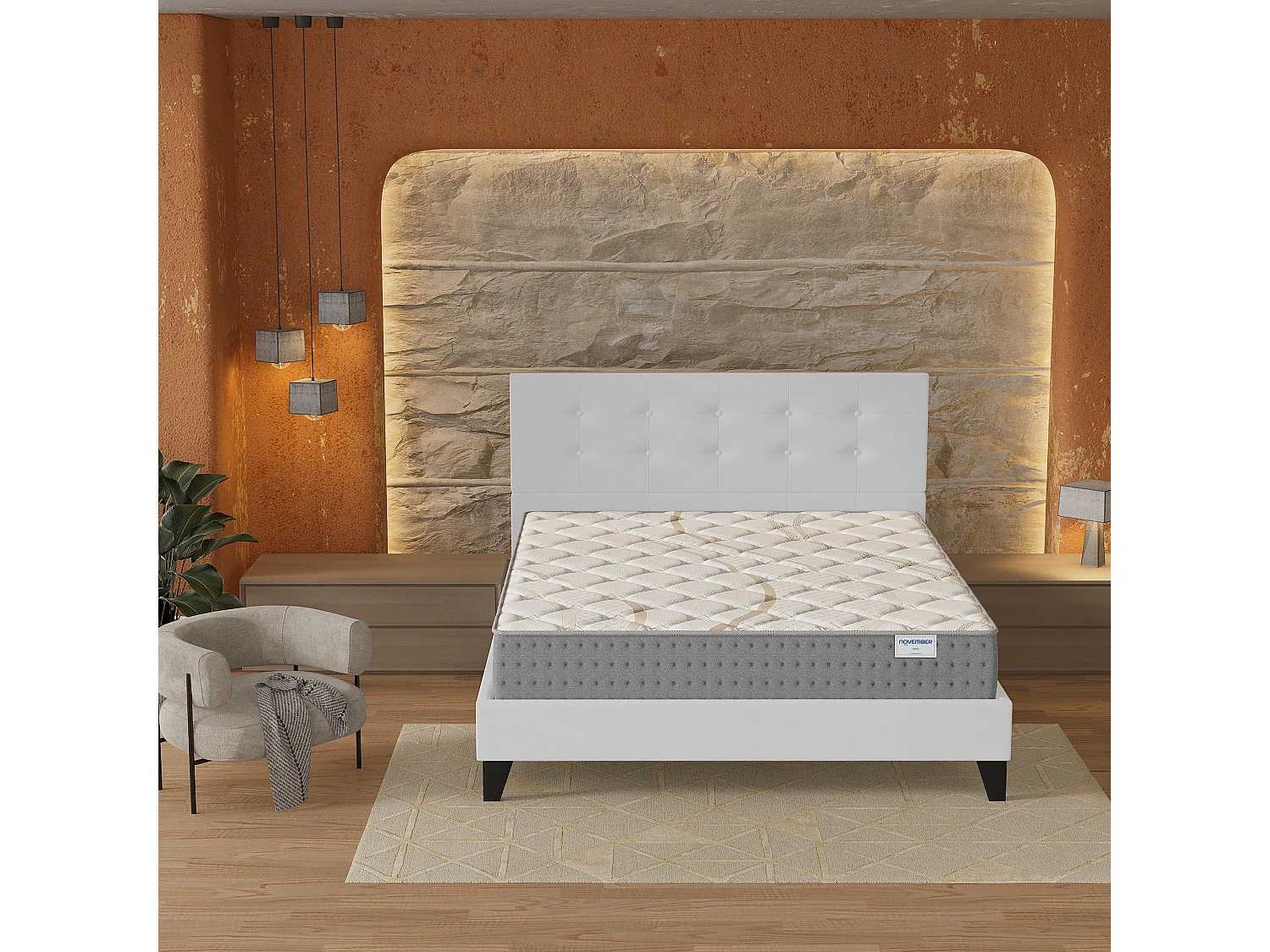 Ensemble 140x190 cm, lit avec tête de lit + matelas ressorts ensachés, ép.25cm accueil mousse HR