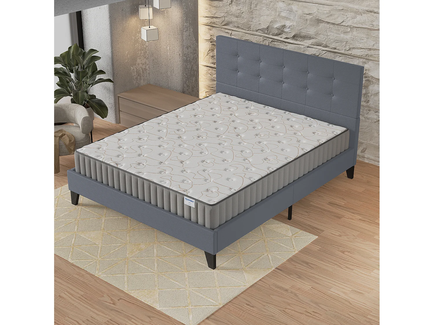 Ensemble Matelas + lit 120x190 cm, Matelas 16cm mousse + mémoire de forme, lit à tête de lit capitonnée similicuir gris