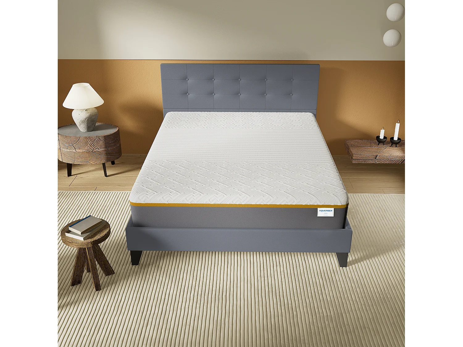 Ensemble 140x200 cm, lit avec tête de lit + Matelas mousse latex ép.28cm accueil à mémoire de forme