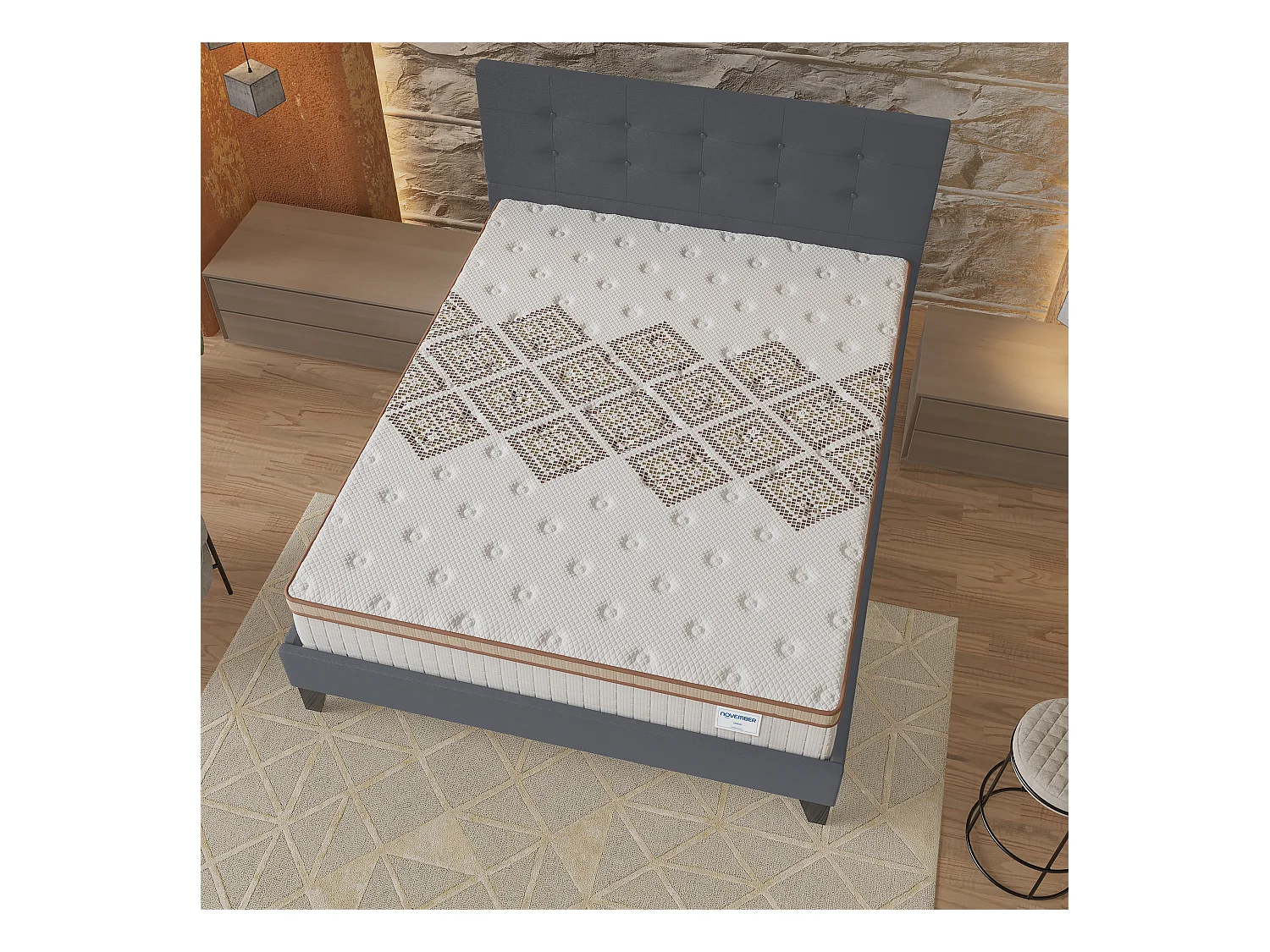 Ensemble matelas + lit 140x200 cm, matelas 28cm ressorts ensachés, accueil mousse, lit à tête de lit capitonnée similicuir gris
