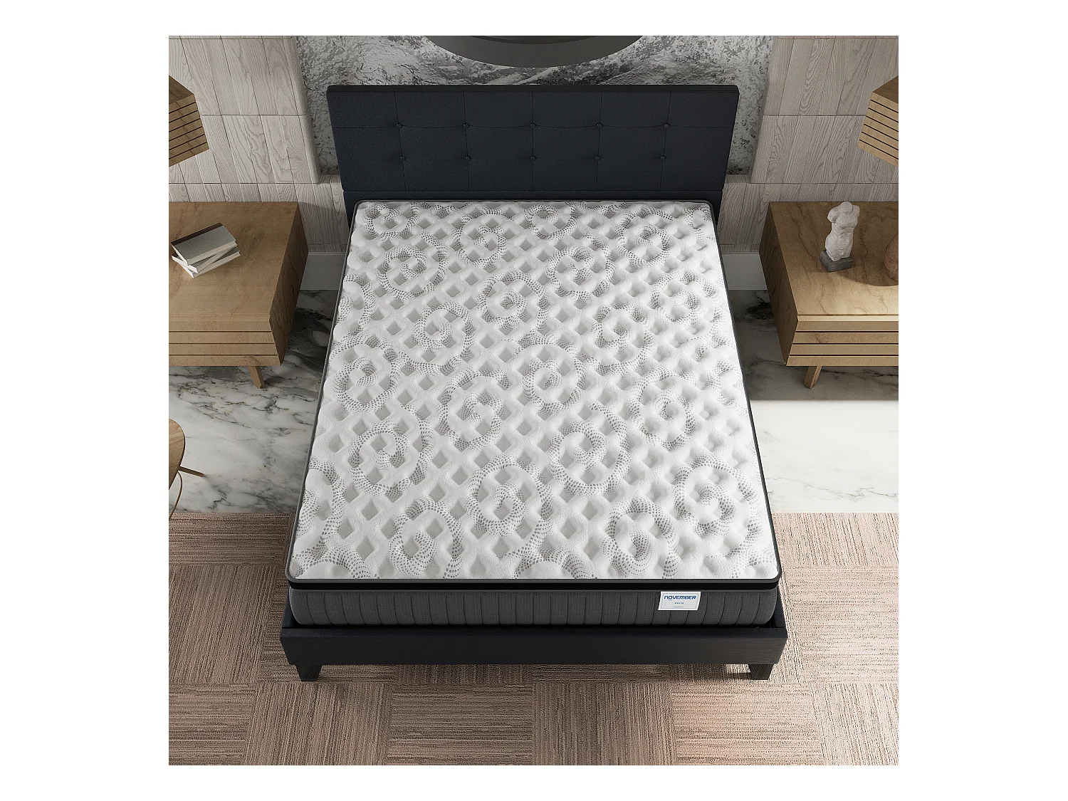 Ensemble matelas + lit 140x190 cm, matelas 30cm ressorts ensachés + mémoire de forme, lit à tête de lit capitonnée similicuir noir