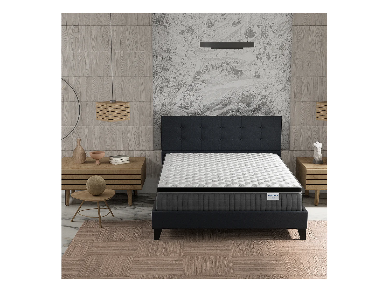 Ensemble matelas + lit 140x190 cm, matelas 30cm ressorts ensachés + mémoire de forme, lit à tête de lit capitonnée similicuir noir