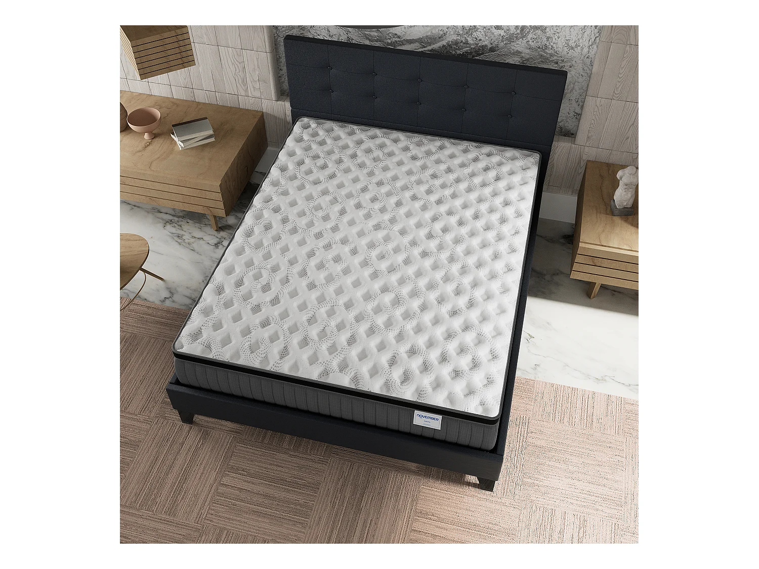 Ensemble matelas + lit 140x190 cm, matelas 30cm ressorts ensachés + mémoire de forme, lit à tête de lit capitonnée similicuir noir