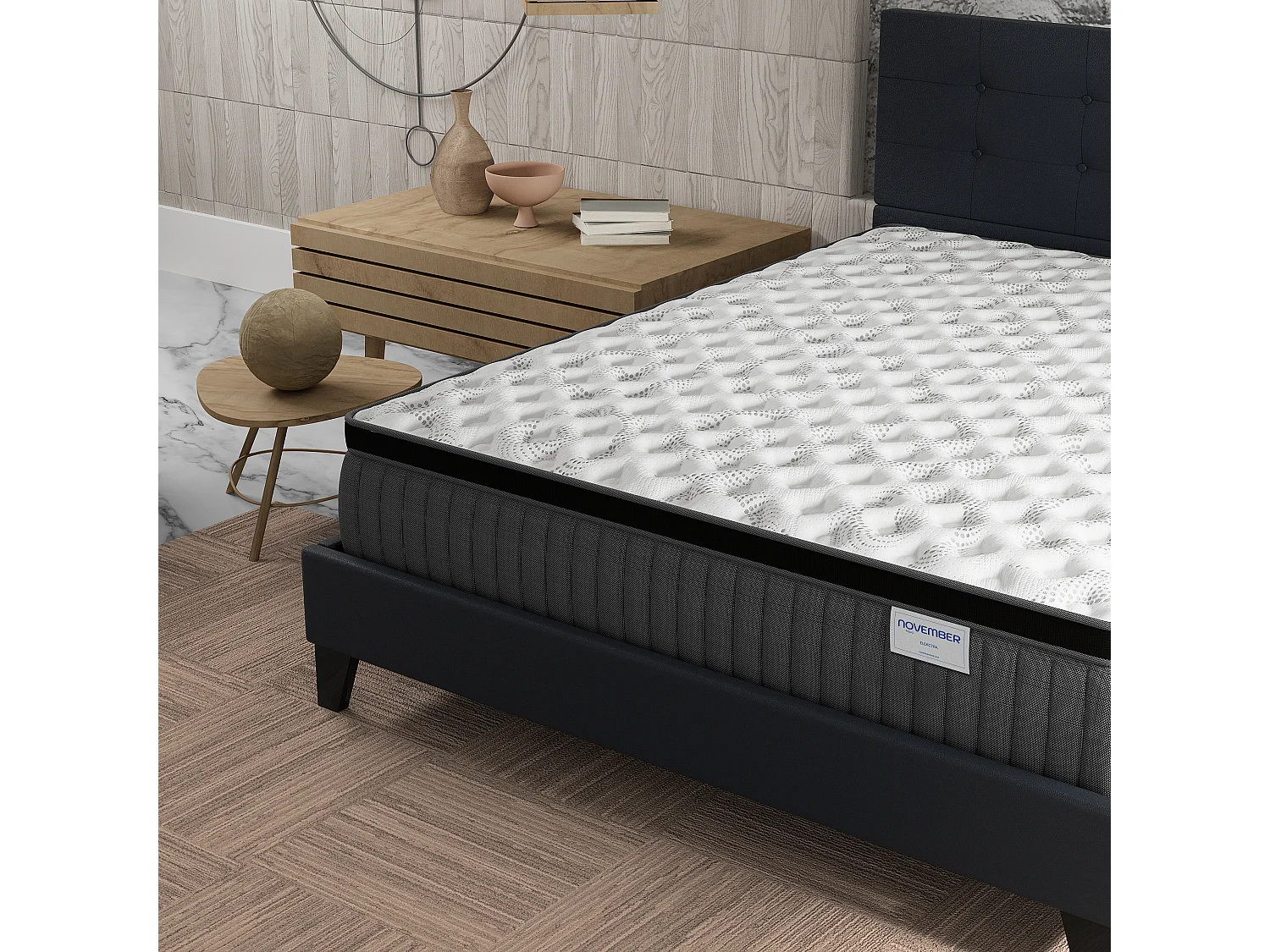 Ensemble matelas + lit 140x190 cm, matelas 30cm ressorts ensachés + mémoire de forme, lit à tête de lit capitonnée similicuir noir