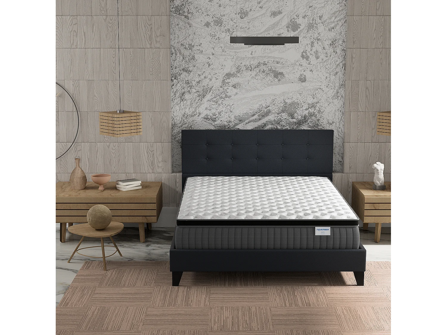 Ensemble matelas + lit 140x190 cm, matelas 30cm ressorts ensachés + mémoire de forme, lit à tête de lit capitonnée similicuir noir